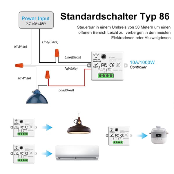 Trådløs strømbryter, strømbrytersett, 433MHz radiosender, 2200W/10A mottaker, lysstrømbryter, RF-strømbryter og mottaker, veggstrømbryter