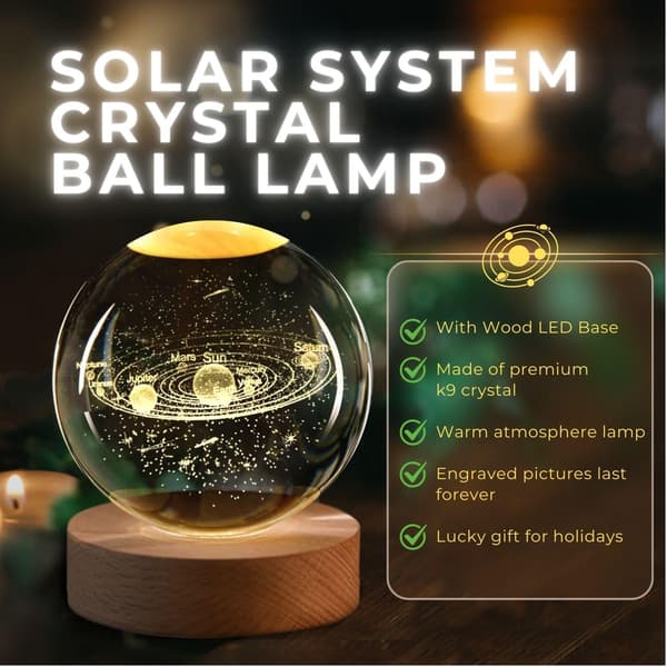 3D Crystal Ball Night Light Solar System - Holographic LED Glass Lamp, USB Powered, Adjustable Brightness, 6 cm