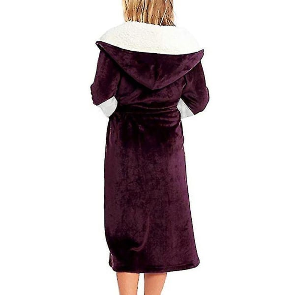 Sherpa Fleece Bathrobe Women Soft Dressing Gown Hooded Fluffy Towling Bath RobeSWine Red