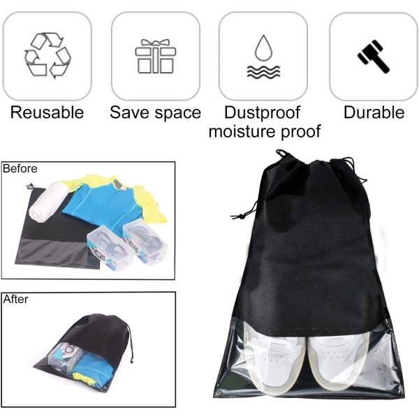 6 stk reiseskoposer, snøreskooppbevaringsposer for pakking, svart støvpose gjennomsiktig husholdningsreiseskotrekk