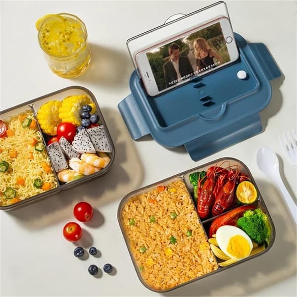 Bento Lunch Box and Cutlery Set for Office Workers Square Compartment Microwave Waterproof and Leak-Proof Food Container (Three Compartments Blue)