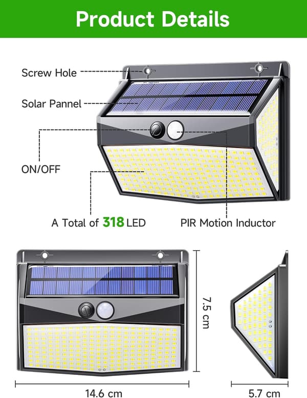 Udendørs solcellelampe, 【318LED 2000LM】Udendørs solcellelampe med bevægelsessensor, 3 lystilstande, IP65 (2-pak)