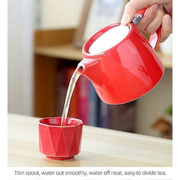 Red Ceramic Teapot with Lid and Strainer for Loose Teas, Serves One or Two