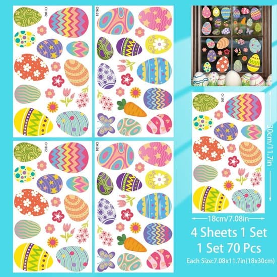 Window Stickers-Easter Decoration-Kids Window Stickers-70 Reusable Easter Egg Window Stickers-4 Sheets Double-Sided Easter Window Clings