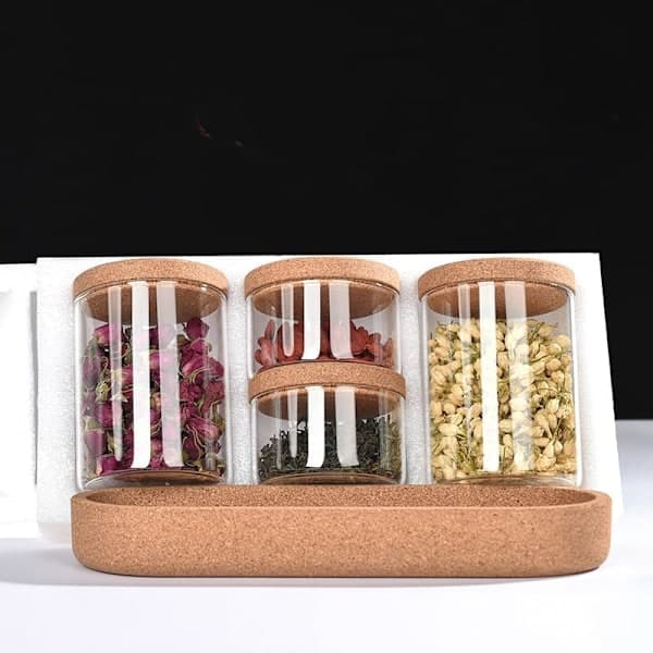 Badrumsförvaring, 4-pack apoteksburkar i glas med lock och bricka, transparent set