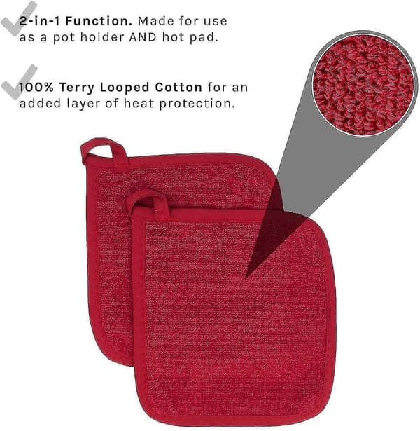 100% Cotton Terry Potholders For Kitchen, 2-pack, 21.6x21 cm Red-m.2937 Zekai