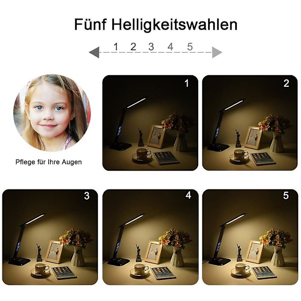 LED-bordlampe, Foldbar Dæmpbar Bordlampe Med Berøringsskærm/hukommelsesfunktion/vækkeur/temperatur Og Kalender, Til Kontor, Studie, Stue