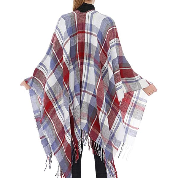 Women's Warm Shawl Wrap Open Front Poncho Cape Color Block Shawl