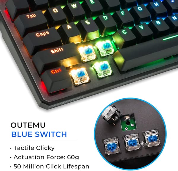 Tecware Phantom 87 Key Mechanical Keyboard, RGB LED, Outemu