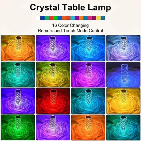 Touch Table Lamp Crystal LED Night Light, 16 Colors Rechargeable Rose Diamond Table Lamp with Touch Control, USB Table Lamps