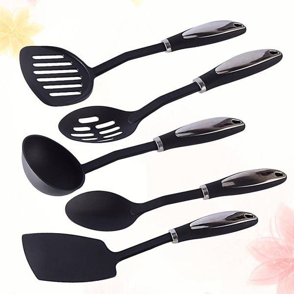 1 sett med 5 stk nylon kjøkkenutstyr, non-stick kokeverktøy med rustfritt stål håndtak, slikkepott, øse, spade, skje Black 33.5X9CM