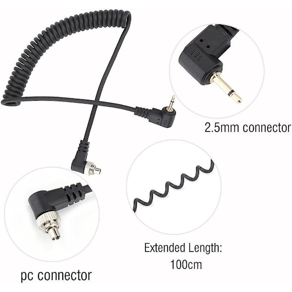 2,5 mm uros salamavalon PC-synkronointikaapeli ruuvilukolla, 100 cm pitkä kierrekaapeli kameroille ja salamalaukaisimille