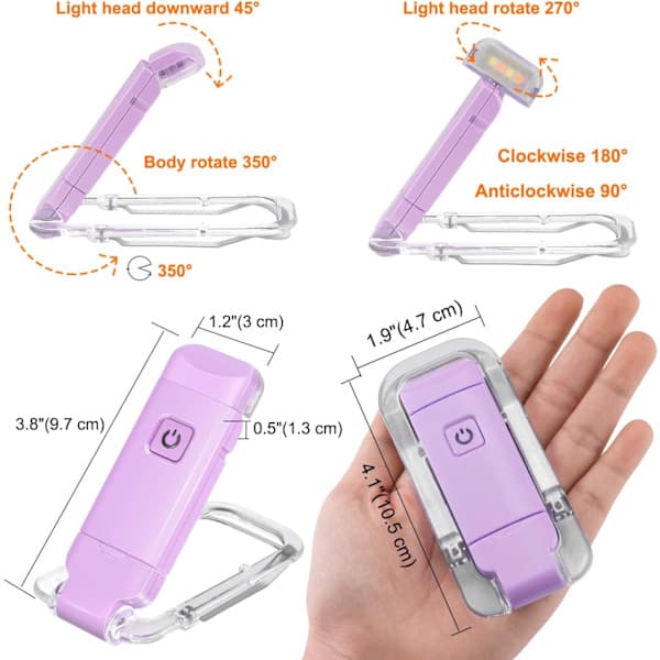 LED clip-on book light, USB rechargeable bookmark light, bedside lamp, children's book light, adjustable brightness.