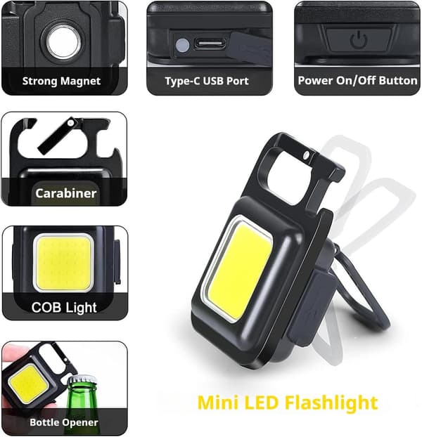 Mini LED Work Light, 4 Pcs 800 Lumen Inspection Lights Rechargeable Mini Keychain Workshop Lamp with Magnetic Hook, COB 4 Modes Flashlights