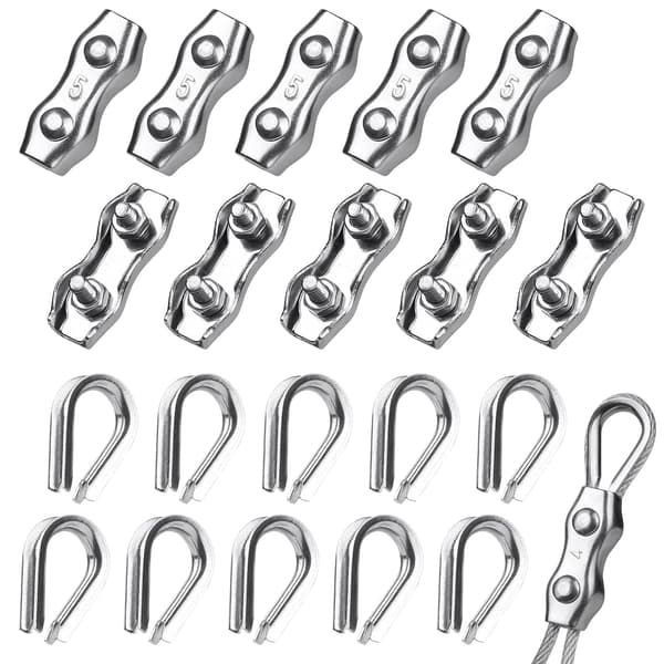 10 Stk. 5mm Stålwireklemme + 10 Stk. Wirekauser, 304 Rustfrit Stål til 3-4mm Stålwire, Tørresnor