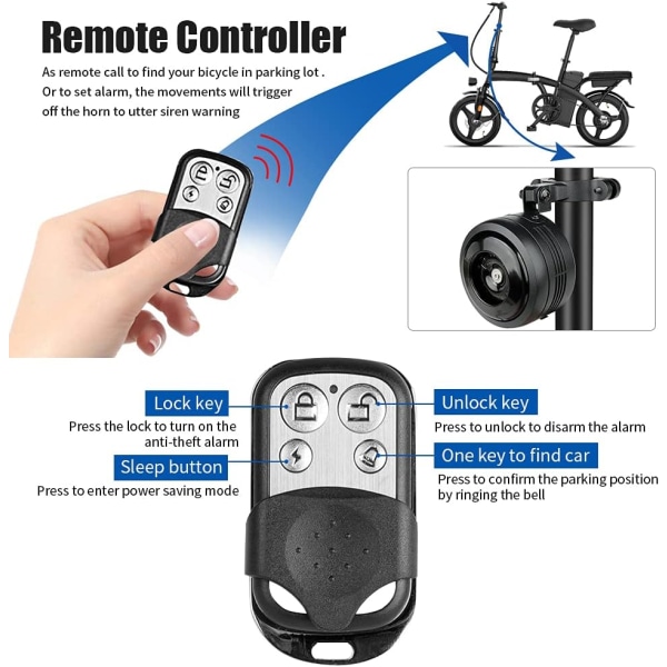Alarmhorn for elektrisk sykkelklokke Vanntett med fjernkontroll Tyverisikringsvibrasjonsalarm sykkelhorn med USB-oppladbar funksjon for Moun