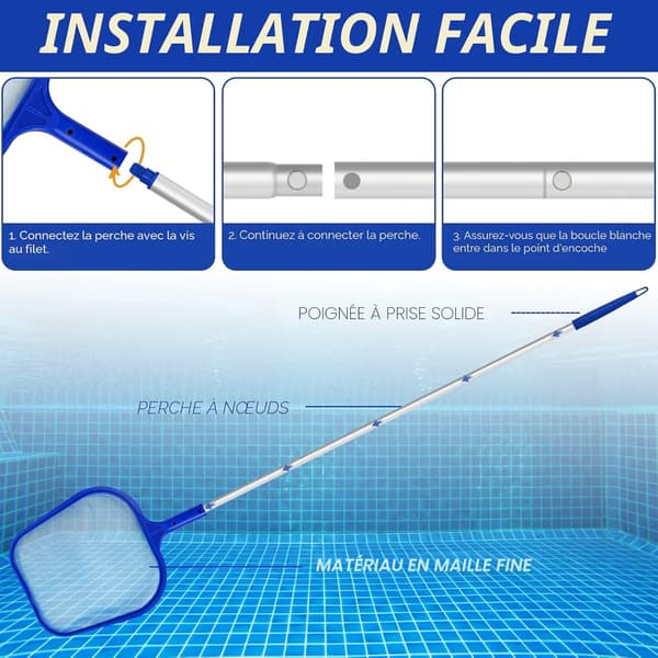 Surface skimmer for swimming pools, pool net, pool skimmer with 120 cm adjustable telescopic pole