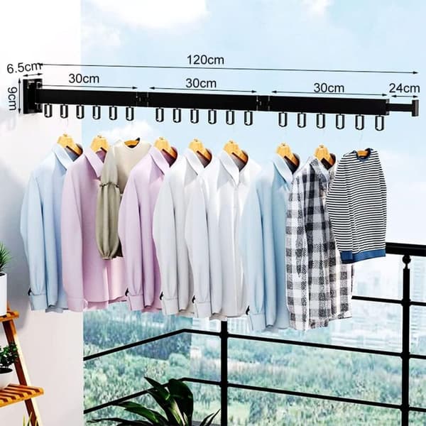 Wall Mounted Retractable Clothes Rack with Hooks, 360° Rotatable, Tri-Foldable for Balcony, Laundry Room (Black)