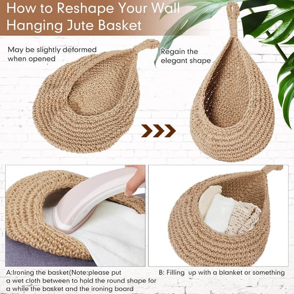Hanging Wall Basket Teardrop Shaped Hanging Baskets Onion Basket Cape Bohemian Storage Fruit Wall Hooks for Kitchen 3 Sizes (Light Linen)