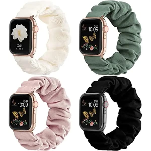 4 stk. kompatible med Apple Watch-rem Scrunchie 38mm 40mm 41mm 42mm 44mm 45mm Søde trykte elastiske Solo Loop-remme Damearmbånd