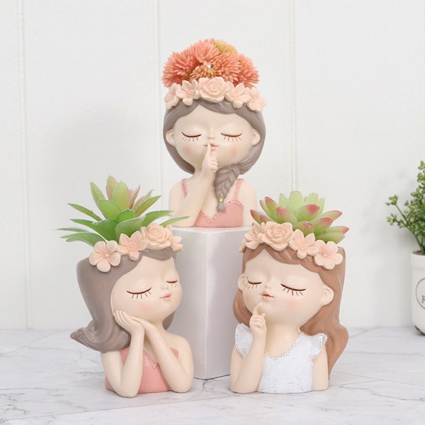 Lille Fairy Head Plantevogn, 3 pakke sukkulente potter, 4'' pigeansigt blomsterpotte Søde harpiks-kaktusplanter med dræningsdekorationer, gave til kvinden