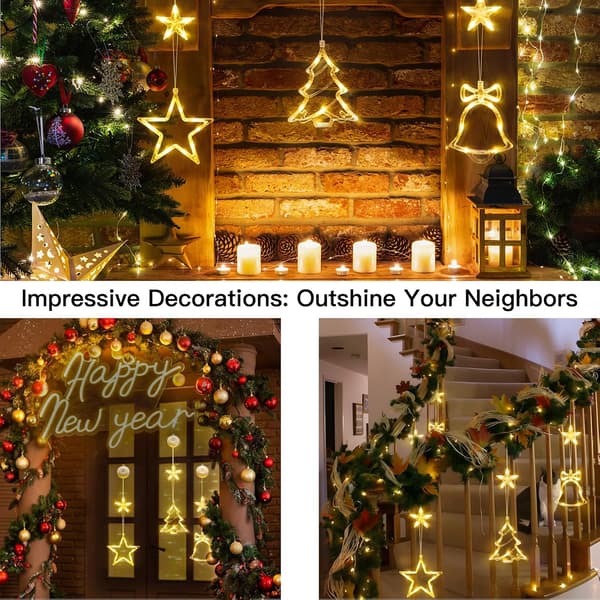 wxsp Christmas Window Lights Decorations, 3pcs Tree-Bell-Star Shaped Christmas Lights Battery Operated with Suction Cups & Timer, Hanging String