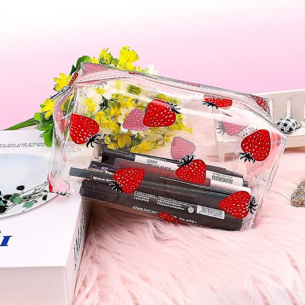 Clear Pencil Case, Fruit Pattern Cosmetic Bag, PVC Makeup Bag for Travel with Avocado and Straw Pattern
