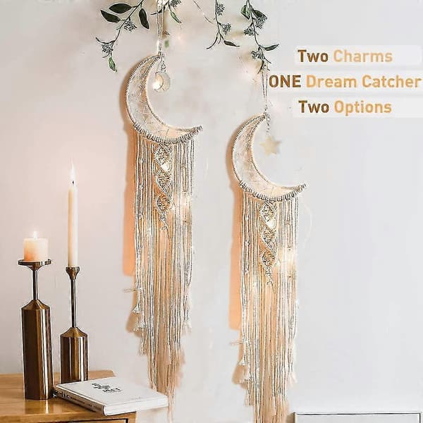 Boho Macrame Woven Wall Hanging, Crocheted Half Moon Star Dream Catcher With Long Tassel - White Cotton Cord Handmade