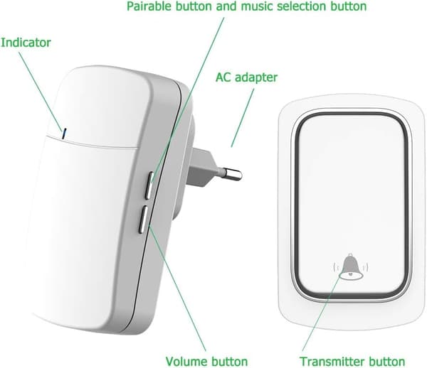 Wireless Doorbell without Battery, Range up to 200m, 38 Ringtones, 3 Volume Levels, Easy to Install (White)