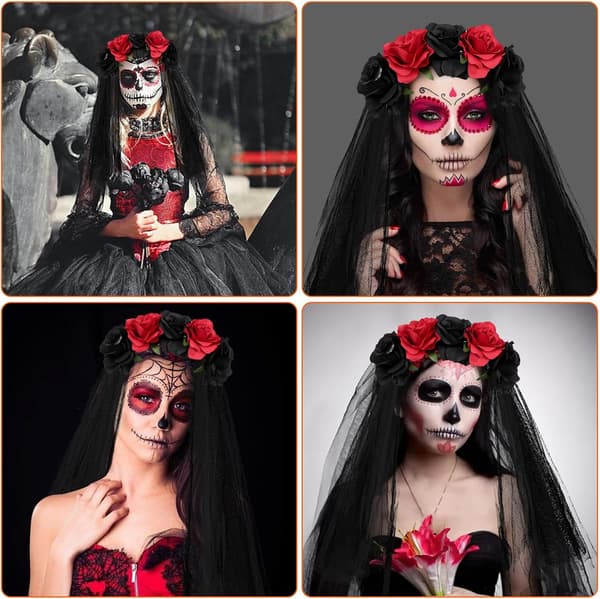 1PC (svart+röd) Dia de los Muertos pannebånd, Halloween gotisk hodeplagg