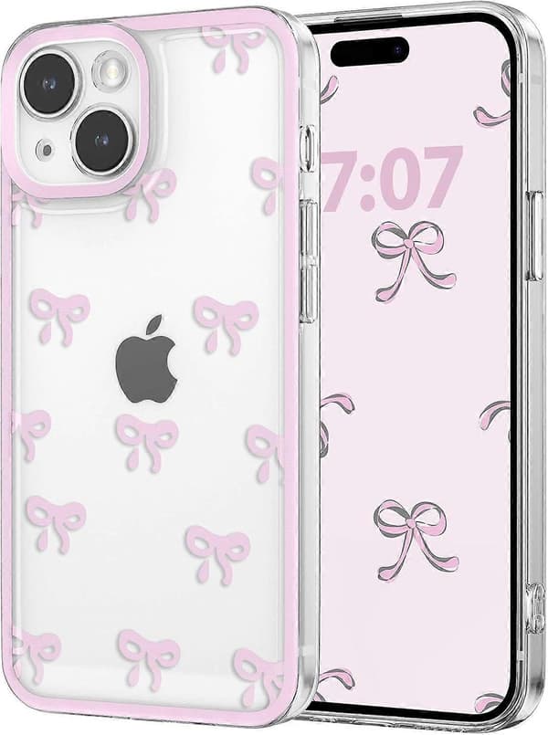 Case for iPhone 13, Transparent Cute Ribbon Bow Pattern Aesthetic Clear Phone Case Raised Camera Protection Stylish Slim Soft Durable TPU Cover
