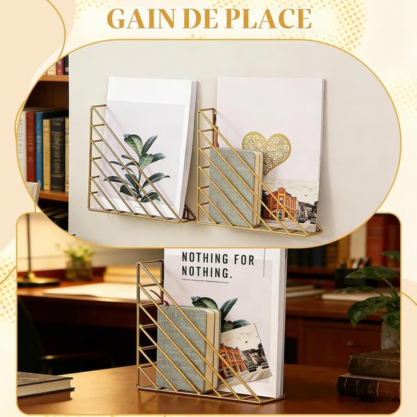 Wall Mounted Magazine Rack, Space Saving Triangular Metal Wall Mounted Magazine Holder, Screw Mounted Wall Mounted Desk Organizer (Gold)