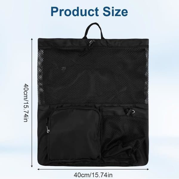 Drawstring Bag - 1 Piece - Waterproof Polyester - Multiple Zipper Pockets - Sports, Travel, Beach, Pool - Black 40x50cm