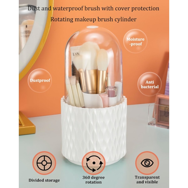 Makeupborsthållare Organizer med lock, 360 roterande genomskinlig dammtät makeupborste organizer för fåfänga skrivbord badrum