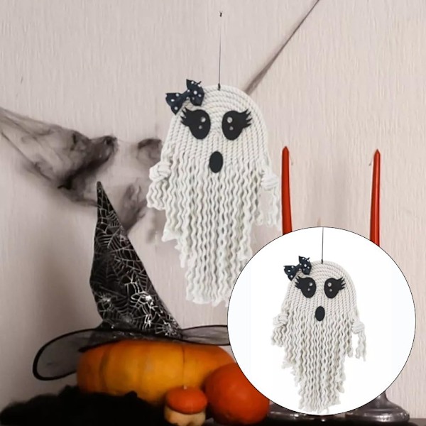 Halloween-aiheinen söpö neulottu haamu-riipus, jossa on piirroshahmokasvot ja haamumainen muotoilu, koristeellinen roikkuva koriste Halloween-roikkuva rekvisiitta puuvilla