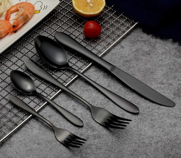 Black Cutlery Set 30 Pieces - Stainless Steel Utensils with Titanium Plating - Dinnerware Set for 6 (Glossy Black)