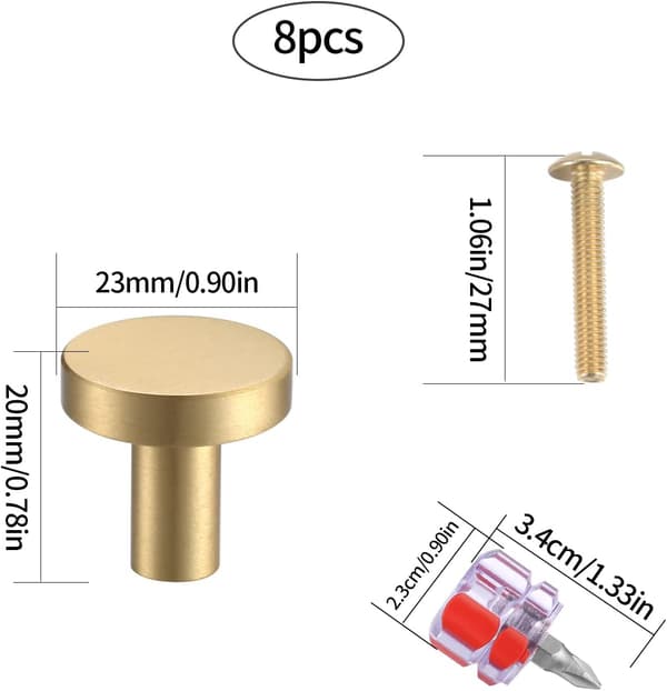 8 Pieces Solid Brass Door Knobs, Round Cabinet Knobs, Single Hole Wardrobe Door Handle, Small Pull Knobs Hardware with Screw for Wardrobe Door, Dresser