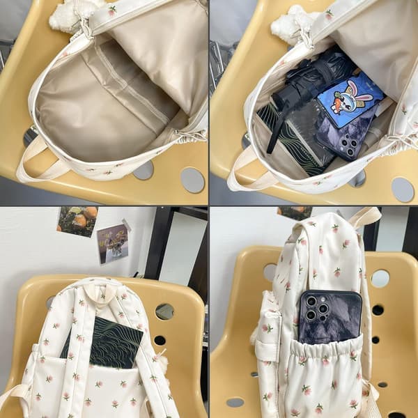 Kawaii Backpack, College Backpack Camping Bag, Flowers, for Primary School, Middle School and University white white white