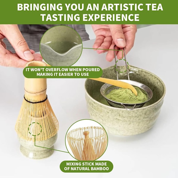 Keramisk teservis, inklusive Matcha-skål, Matcha-visphållare och Matcha-visp, 5-delars set grön green