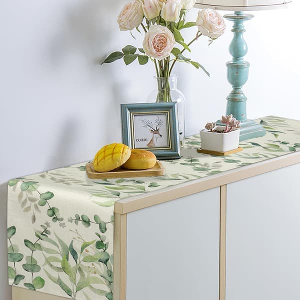 Eucalyptus Leaf Summer Table Runner Sage Green Tablecloth Cotton Linen Seasonal Table Runner, 33x183cm
