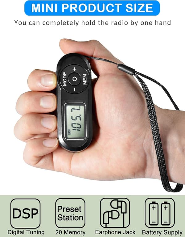 Portable Radio, FM Digital Tuner, Best Reception, Pocket Transistor Stereo Receiver, Battery Powered Walkman