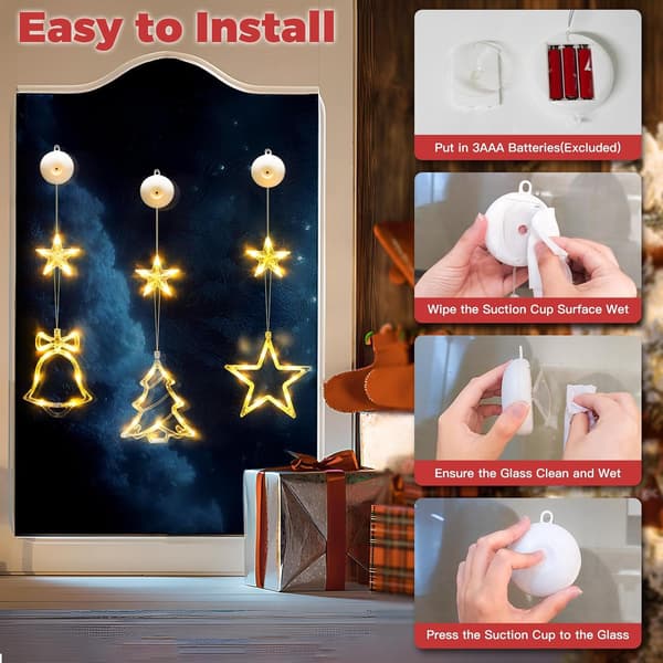 wxsp Christmas Window Lights Decorations, 3pcs Tree-Bell-Star Shaped Christmas Lights Battery Operated with Suction Cups & Timer, Hanging String