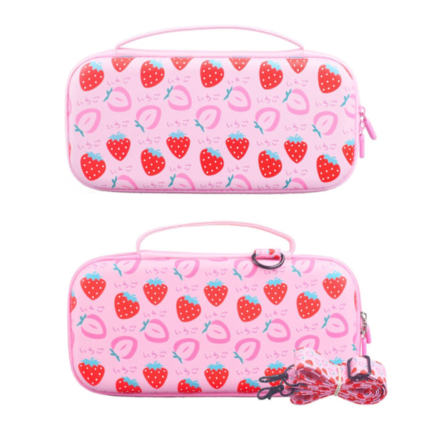 Switch 2 Case with Shoulder Strap - Pink Strawberry Design, EVA Hard Shell, Portable Handbag for NS2 Game Console