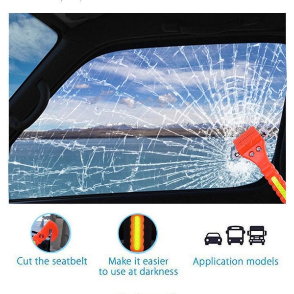 2 STK Bilsikkerhedshammer nødudflugtsværktøj med sikkerhedsseleskærer og køretøjsrudeafbryder med lysreflekterende tape
