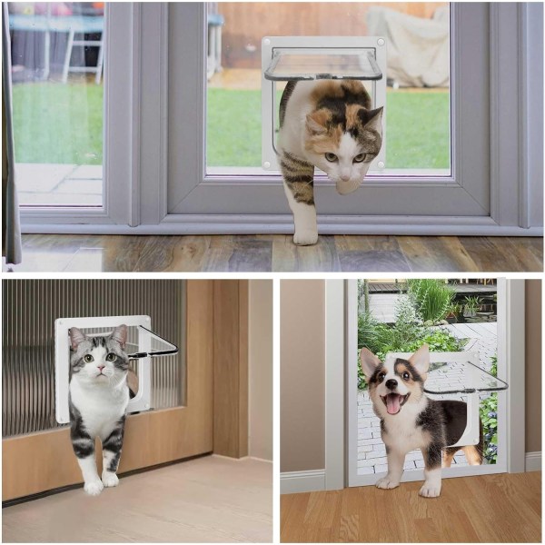 Tunn kattdörr för fönster och skjutdörr, säkerhetsdörr för husdjur med 4-vägslås, väderbeständig kattlucka för tunn dörr och vägg (Medium, 6,7 tum x 6,3 tum klaff)