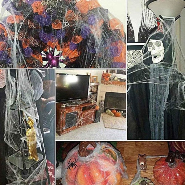 2 x 1000 neliöjalkaa halloween joustava hämähäkinverkko, jossa 200 muovista väärennöshämähäkkiä, jotka ovat yhteensopivat Indoor Outdoor Hallowin kanssa