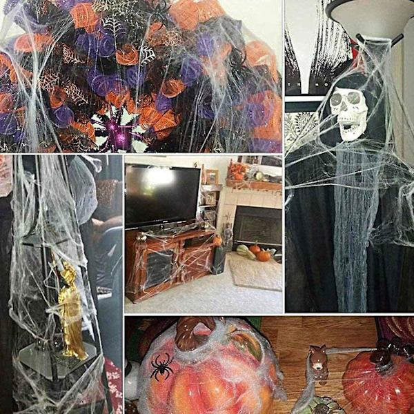 2x 1000 Kvadratfot Halloween Stretch Spindelnät Med 200 Plastfalska Spindlar Kompatibla Med Inomhus Utomhus Hallow