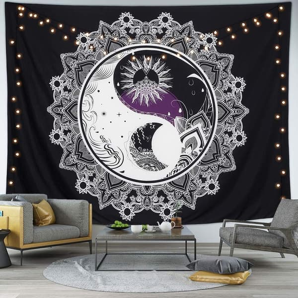 Psykedelisk sol och måne gobeläng väggbonad yin yang H
