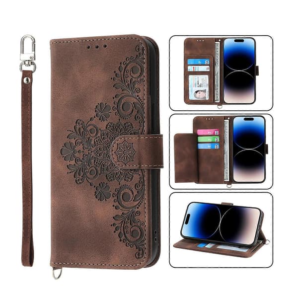Til iPhone 14 Pro Max Læderfølelse Blomster Præget Pung Læder Telefoncover