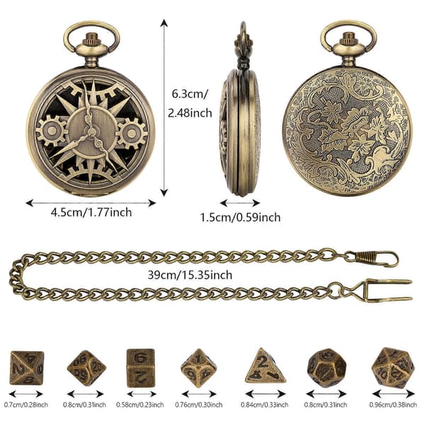 Mini DND Dice Set med Dice Set, 7 Polyhedral Metalldice, Steampunk Stil Klokke, Bronse